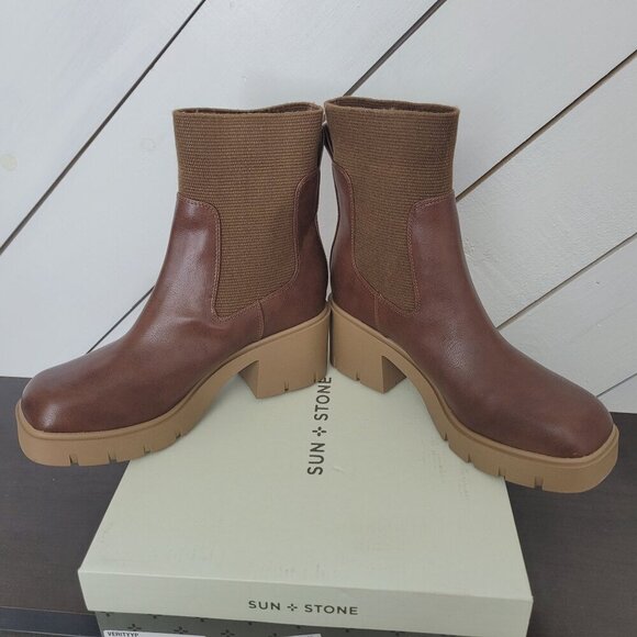 NWT Sun + Stone SS Verity Chunky Heel Brown Ankle Chelsea Boots 10M Women's - Picture 6 of 10